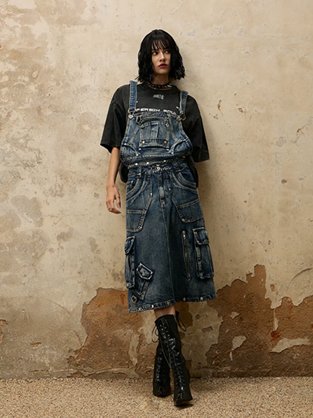 PERSONSOUL | Three-In-One Detachable Denim Suspender Maxi Skirt