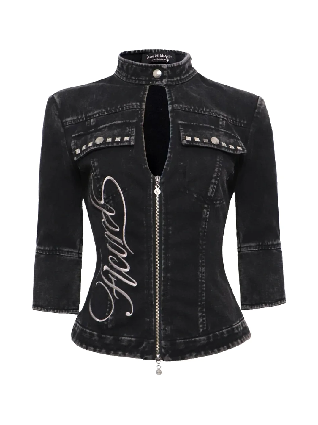 Flowers birds Market | Washed Black Embroidered Double-Zip Cropped Cardigan
