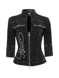 Flowers birds Market | Washed Black Embroidered Double-Zip Cropped Cardigan
