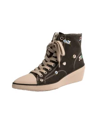 ZHUDAGE | Embroidered Pointed-Toe Wedge Canvas Ankle Boots