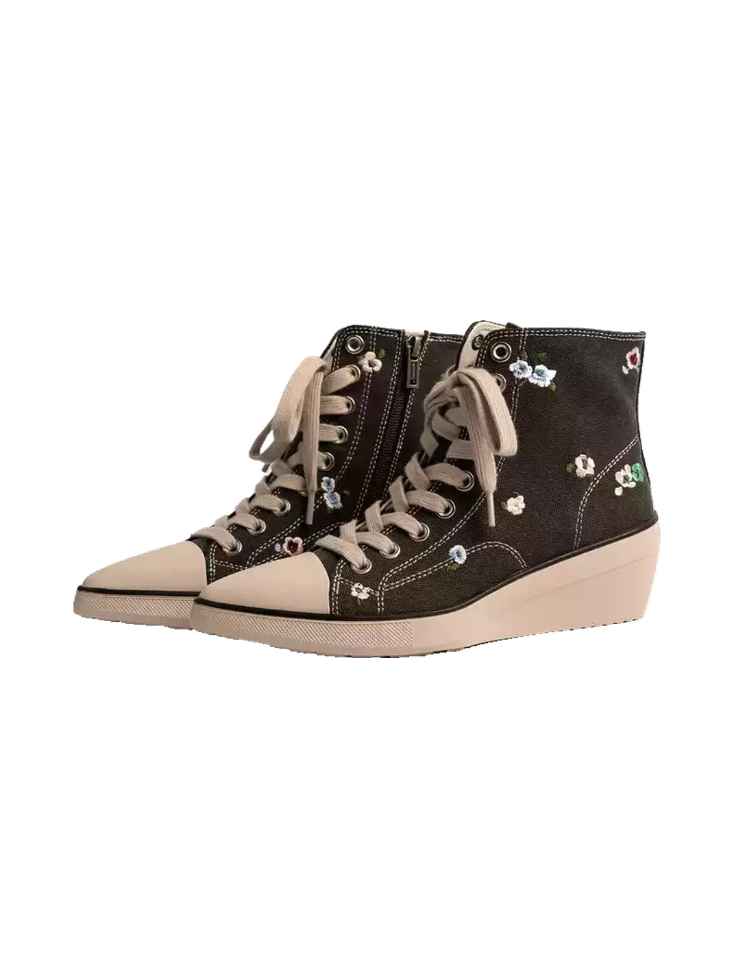 ZHUDAGE | Embroidered Pointed-Toe Wedge Canvas Ankle Boots