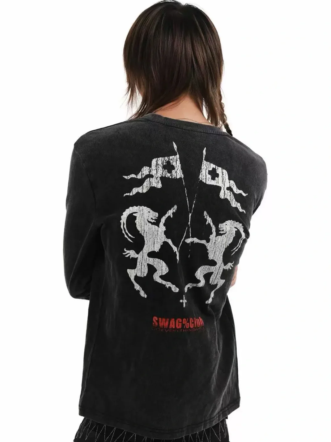 DETW | Washed Black Graphic Slim Fit Long Sleeve T-Shirt