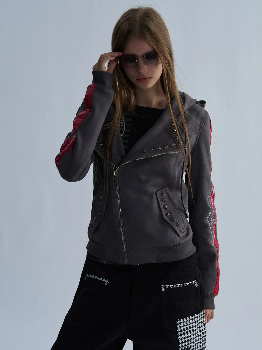 PAIKI | Studded Hooded Slim Fit Biker Jacket