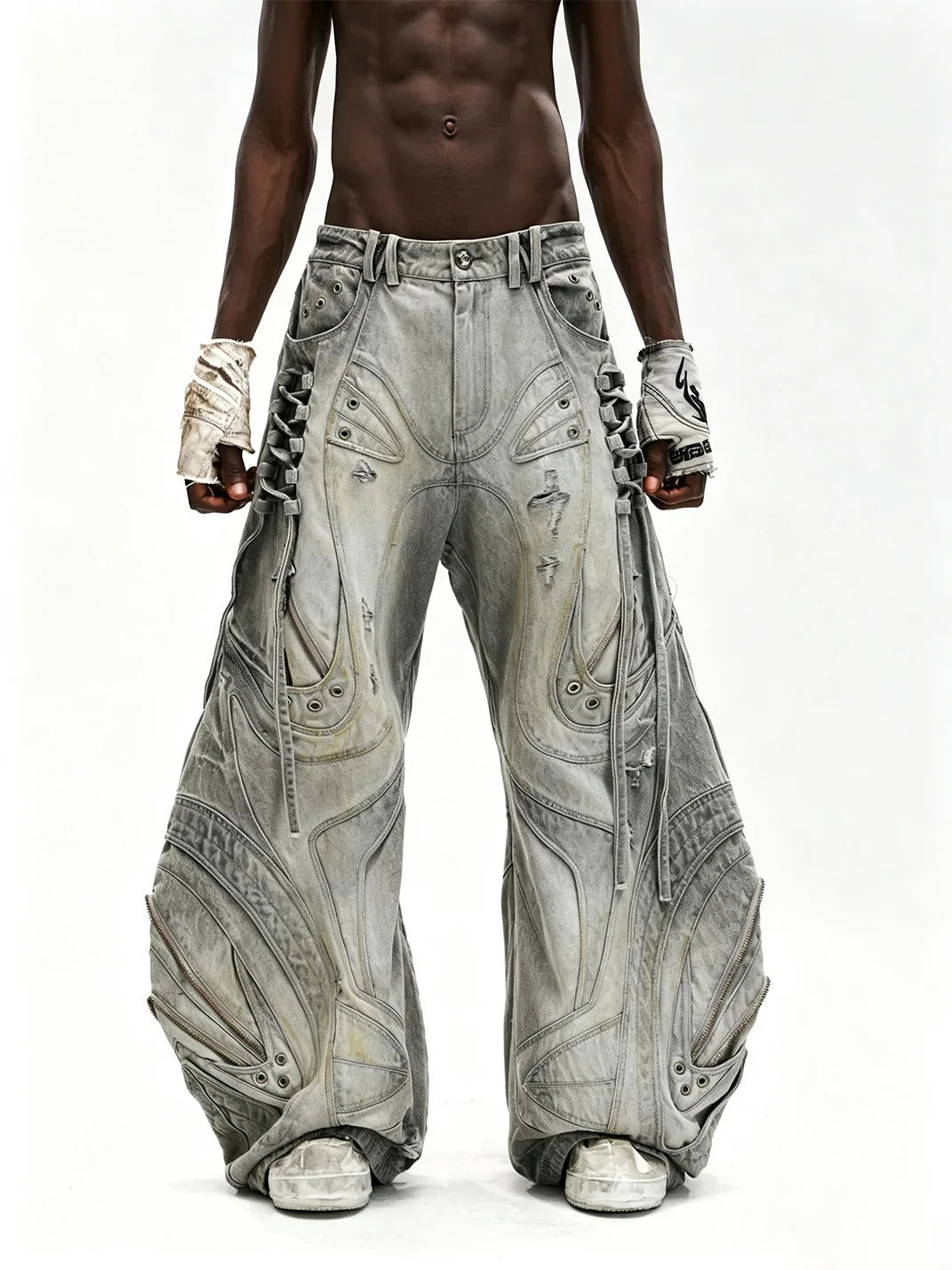 PERSONSOUL | Deconstructed Drawstring Flared Patchwork Jeans