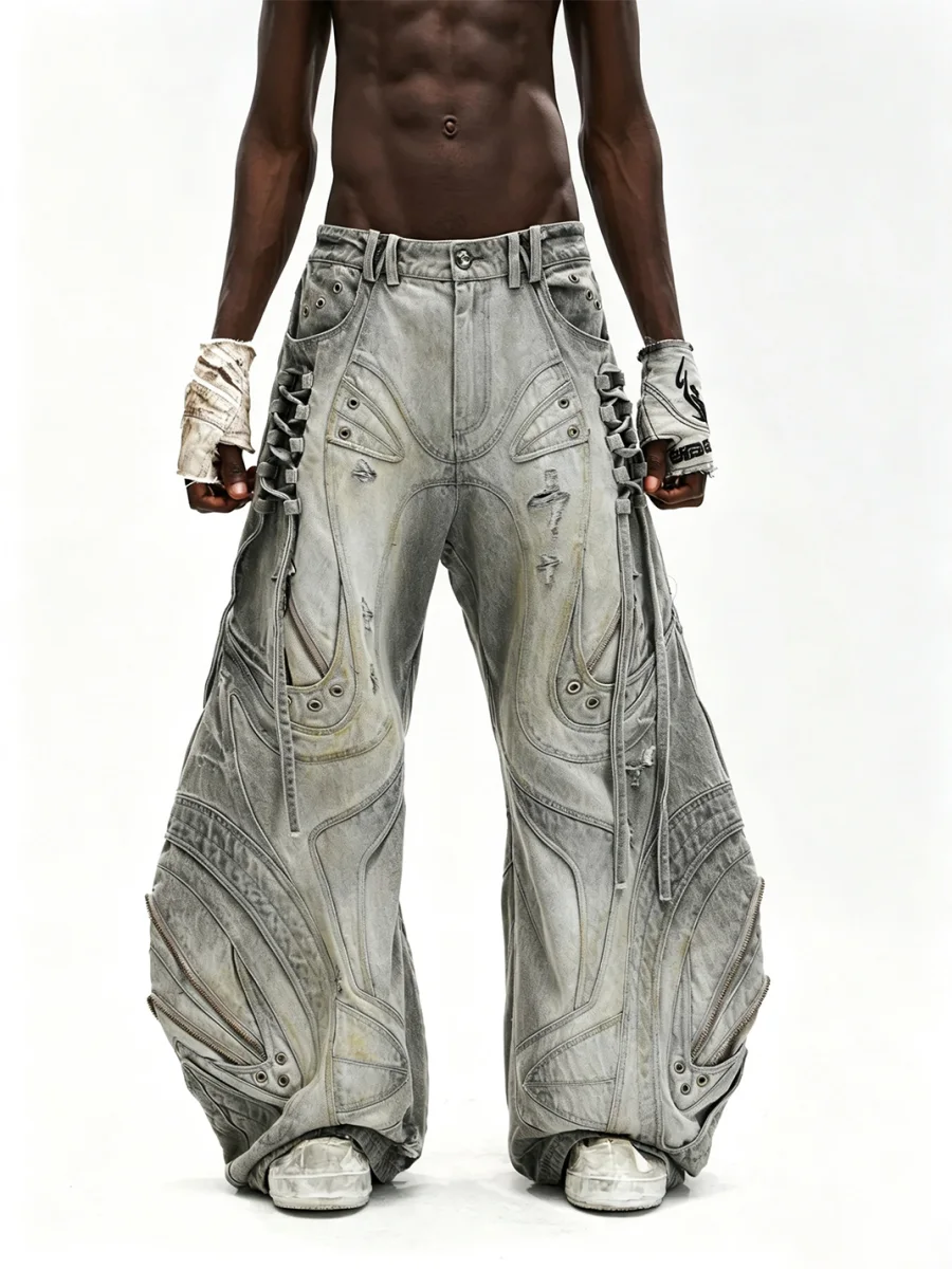 PERSONSOUL | Deconstructed Drawstring Flared Patchwork Jeans - 2
