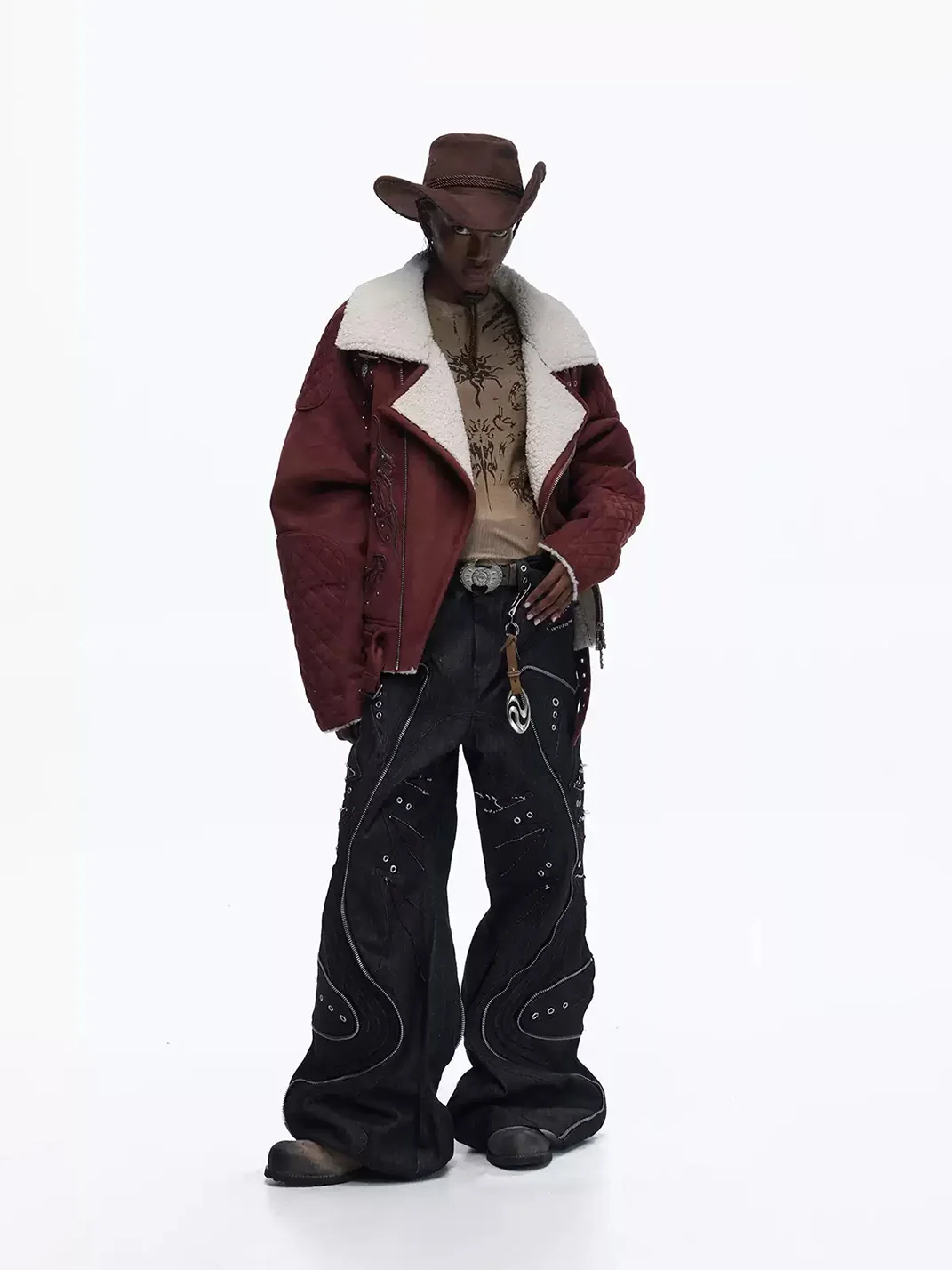 PERSONSOUL | Totem Pattern Faux Fur Lambskin Jacket