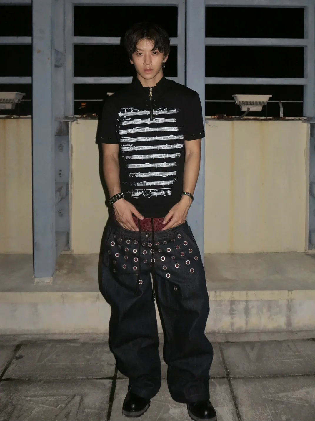 Dream Band | Punk Sheet Music Fitted Stand Collar T-Shirt