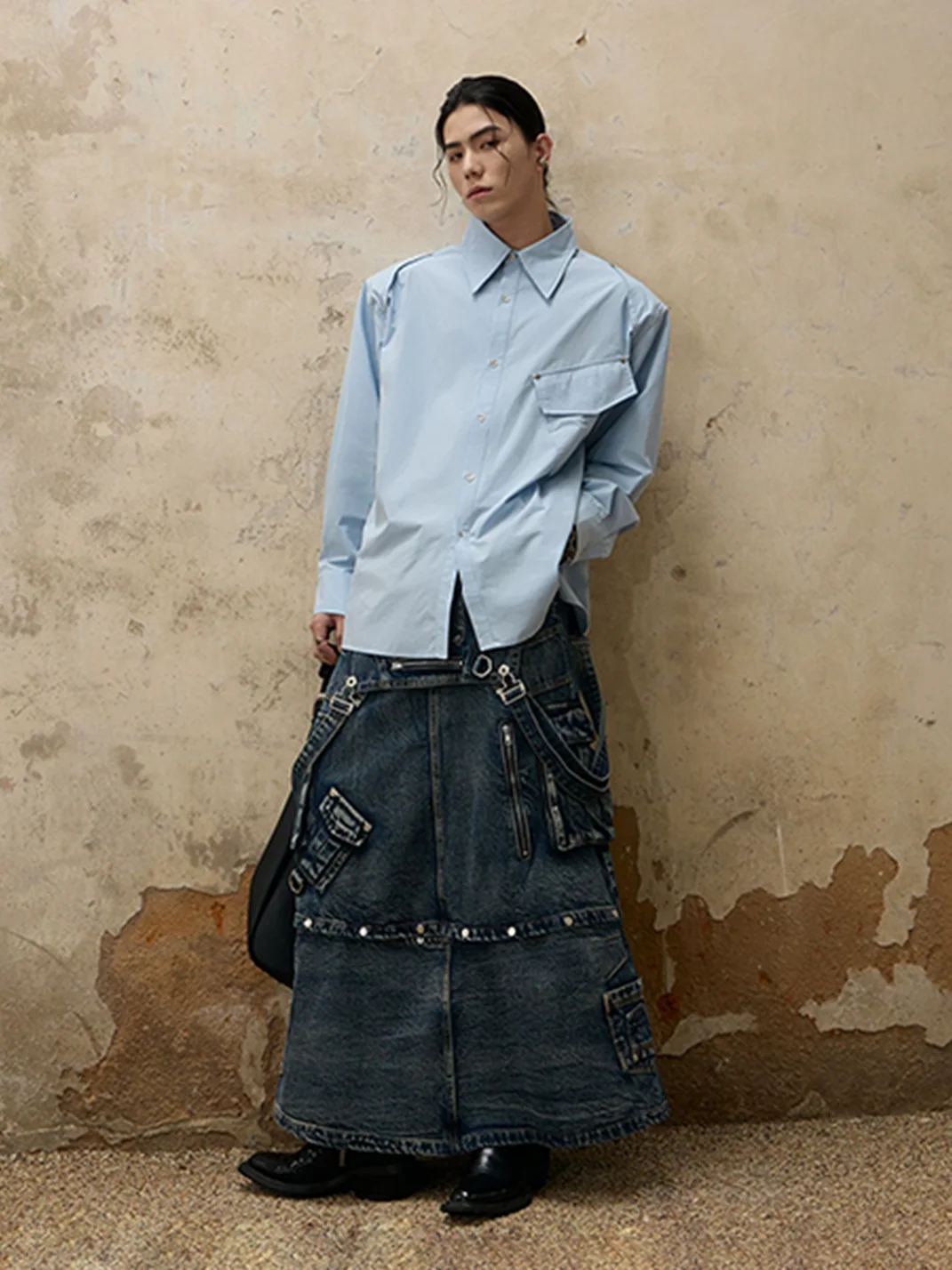 PERSONSOUL | Three-In-One Detachable Denim Suspender Maxi Skirt