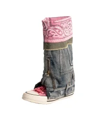 ZHUDAGE | Colorblock Denim Canvas Tall Boots