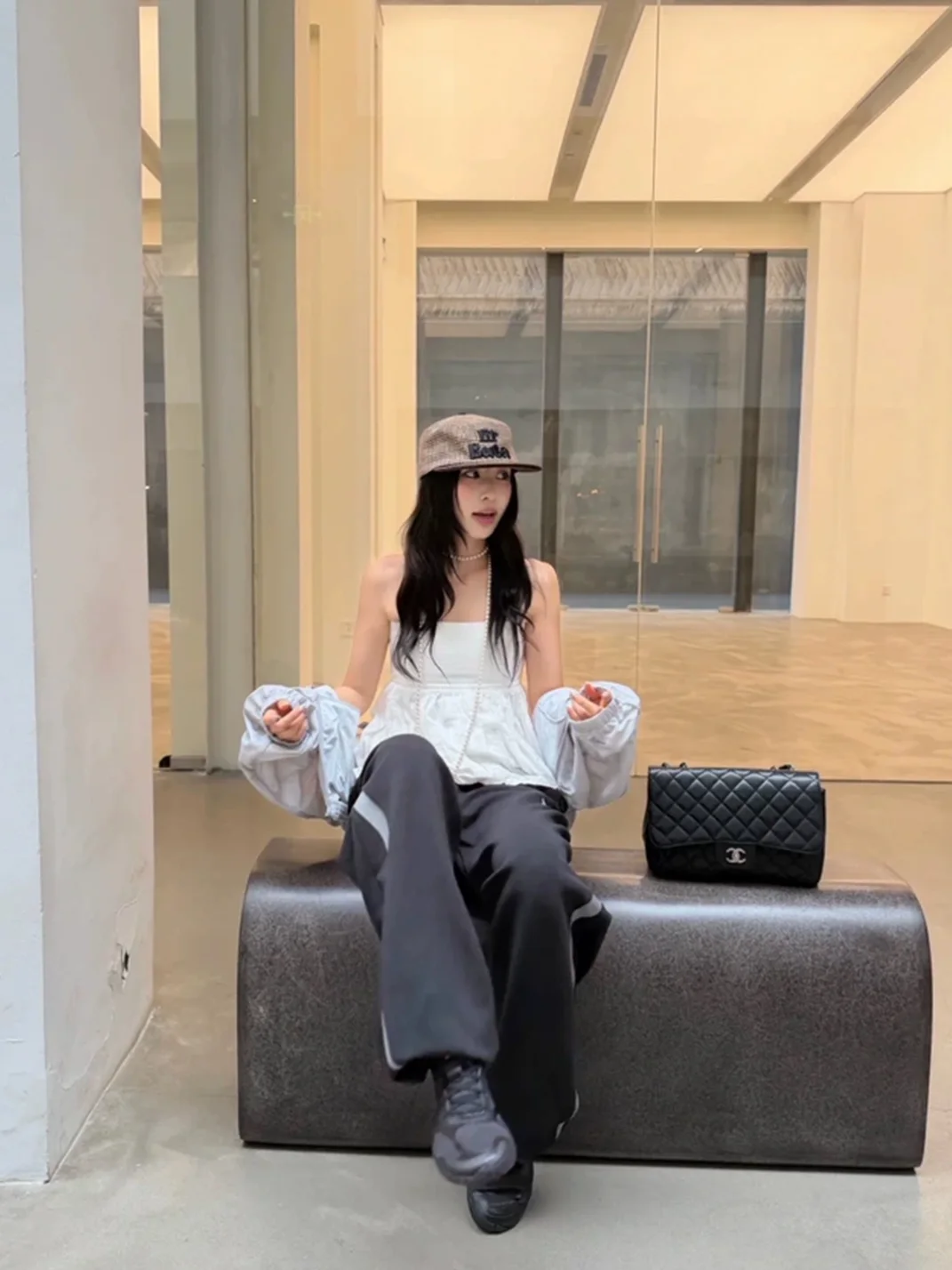 TWINBUTA | Houndstooth Corduroy Embroidered Flat Brim Hat