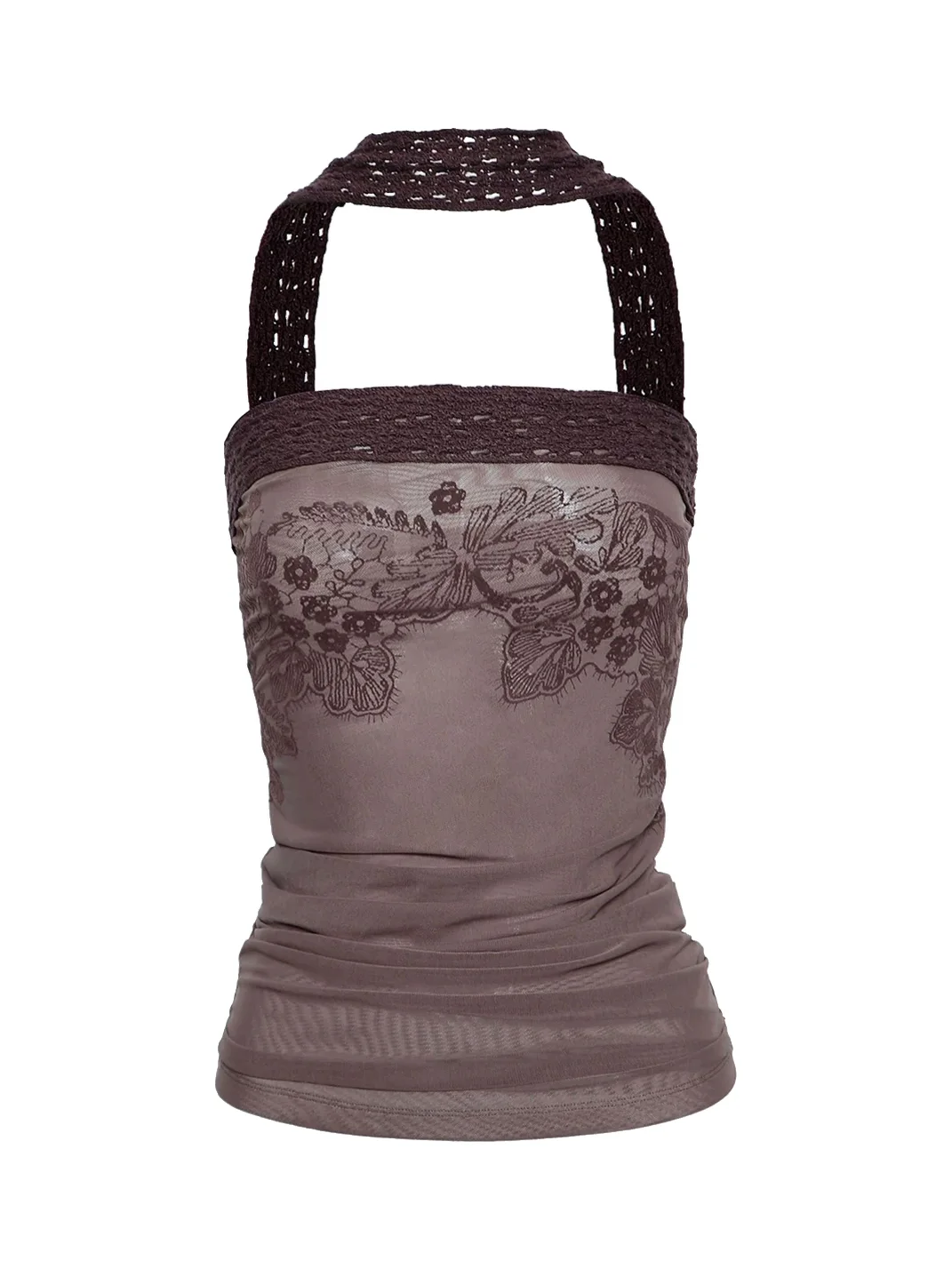 Flowers birds Market | Fitted Floral Mesh Ruched Halter Tube Top