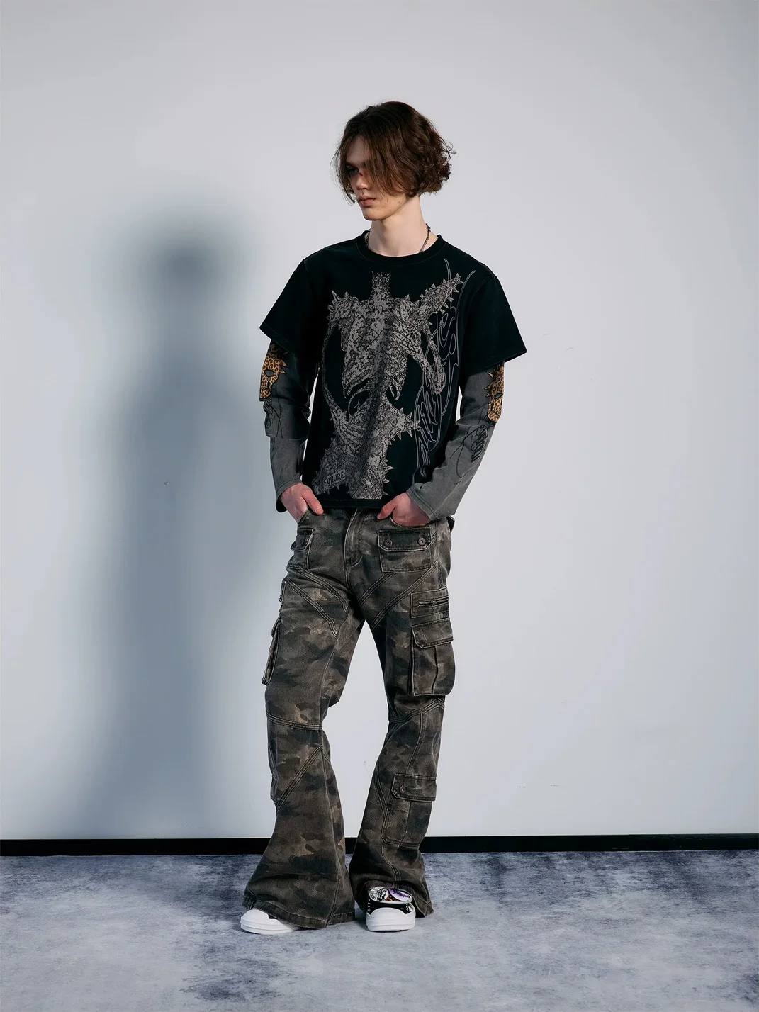 PAIKI | Washed Camouflage Multi-Panel Flared Cargo Pants