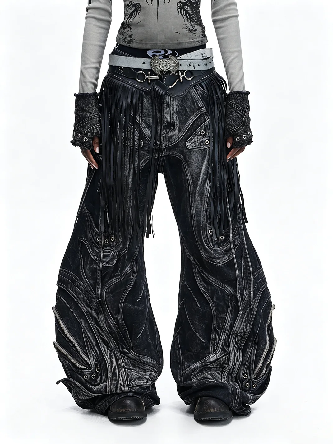 PERSONSOUL | Deconstructed Drawstring Flared Patchwork Jeans