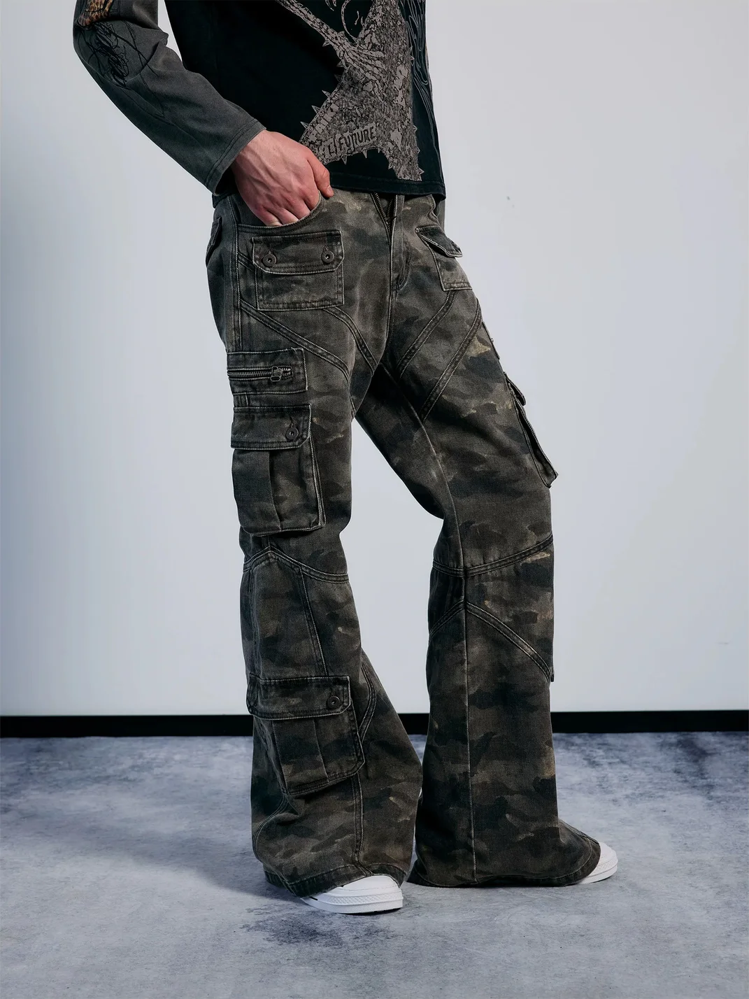 PAIKI | Washed Camouflage Multi-Panel Flared Cargo Pants