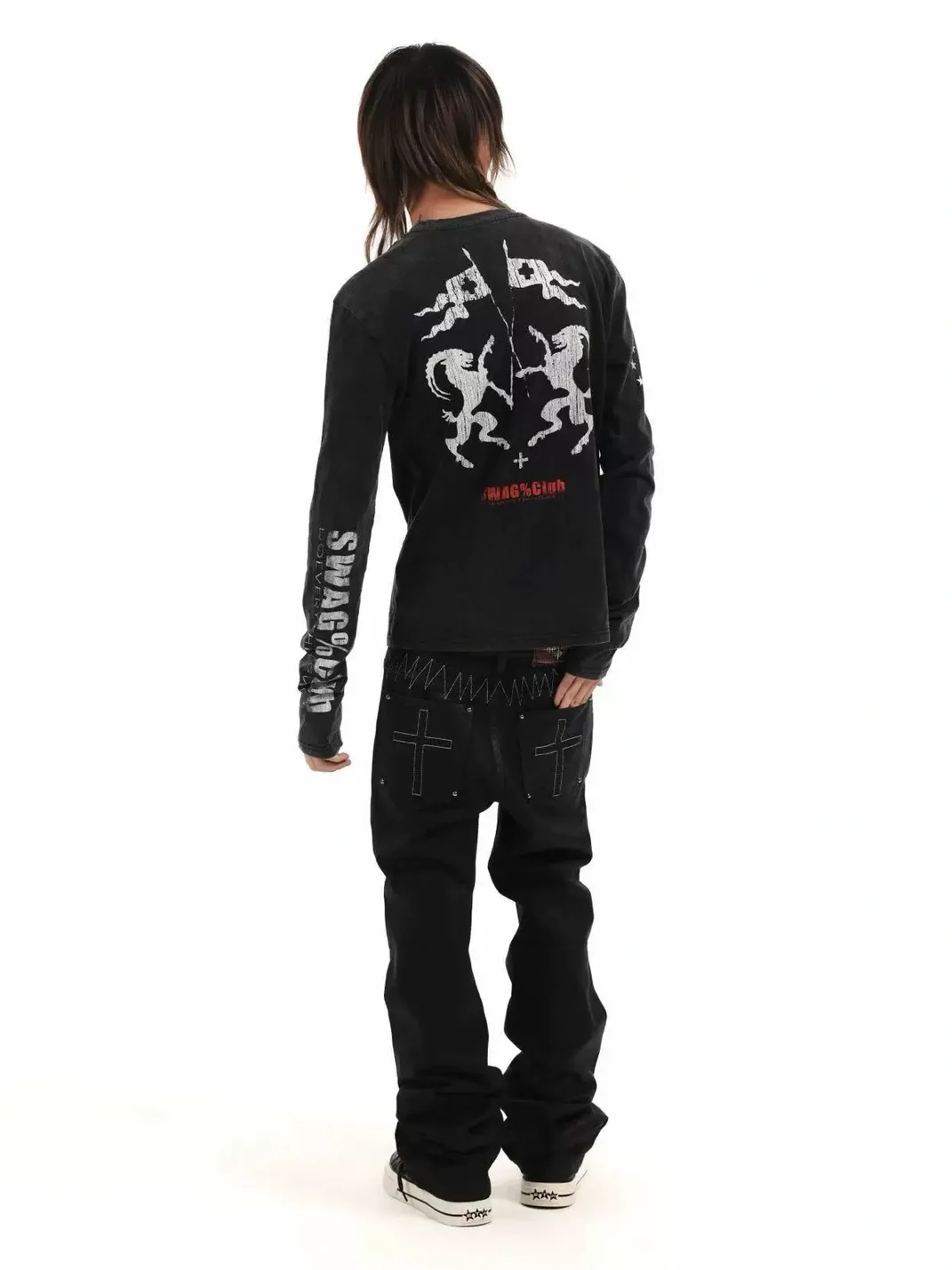 DETW | Washed Black Graphic Slim Fit Long Sleeve T-Shirt