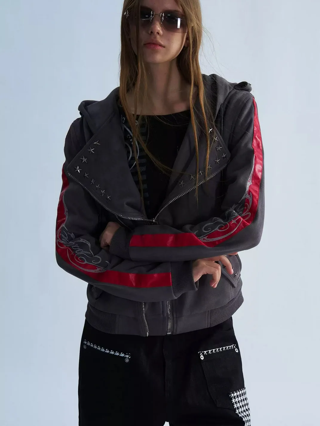 PAIKI | Studded Hooded Slim Fit Biker Jacket