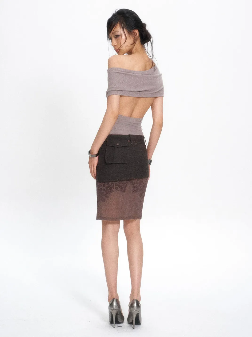 Flowers birds Market | Colorblock Mesh Flocked Lace Straight Midi Skirt