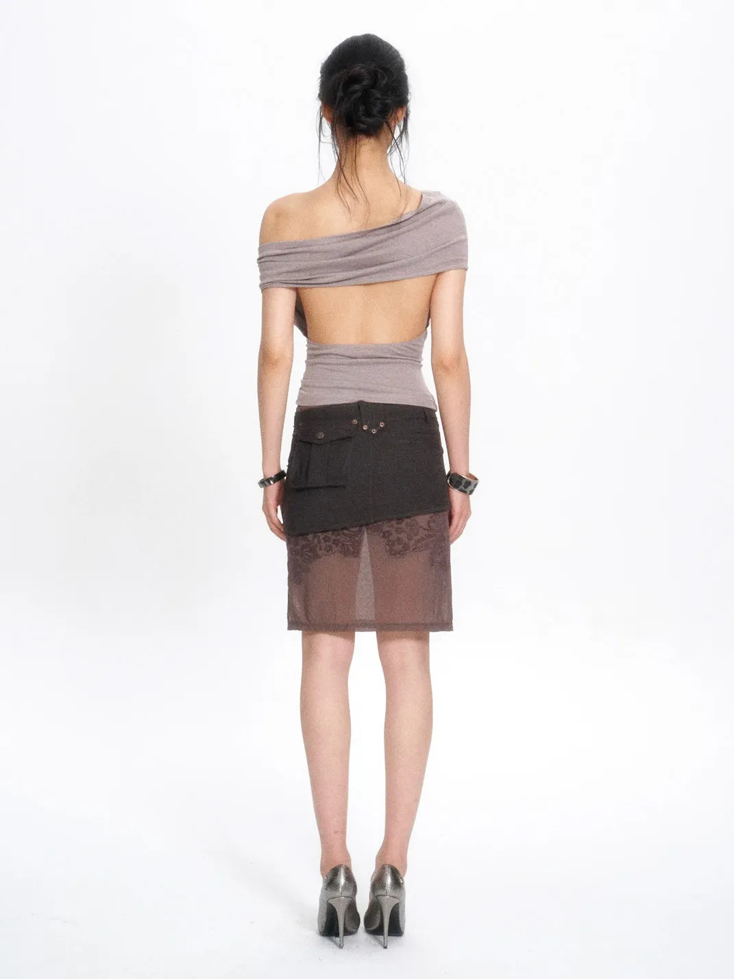 Flowers birds Market | Colorblock Mesh Flocked Lace Straight Midi Skirt
