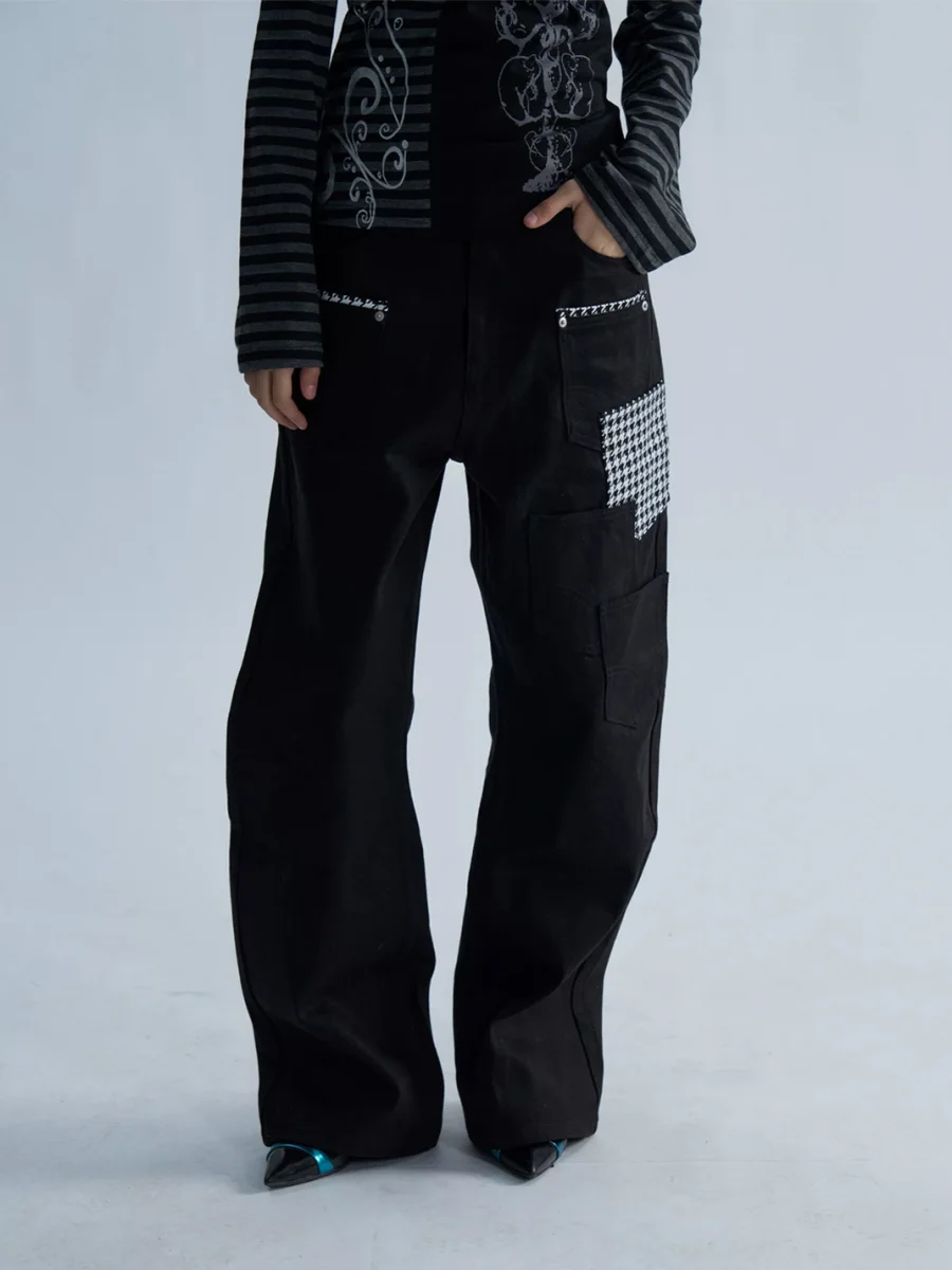 PAIKI | Houndstooth Panel Multi-Pocket Straight Jeans - 4