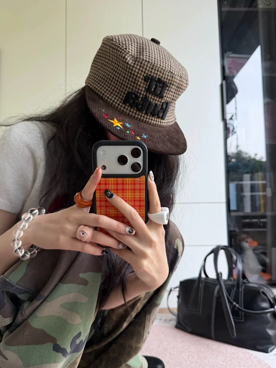 TWINBUTA | Houndstooth Corduroy Embroidered Flat Brim Hat