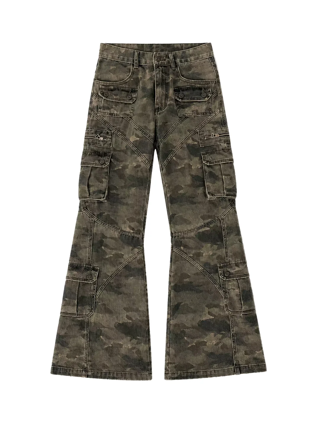 PAIKI | Washed Camouflage Multi-Panel Flared Cargo Pants