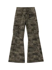 PAIKI | Washed Camouflage Multi-Panel Flared Cargo Pants