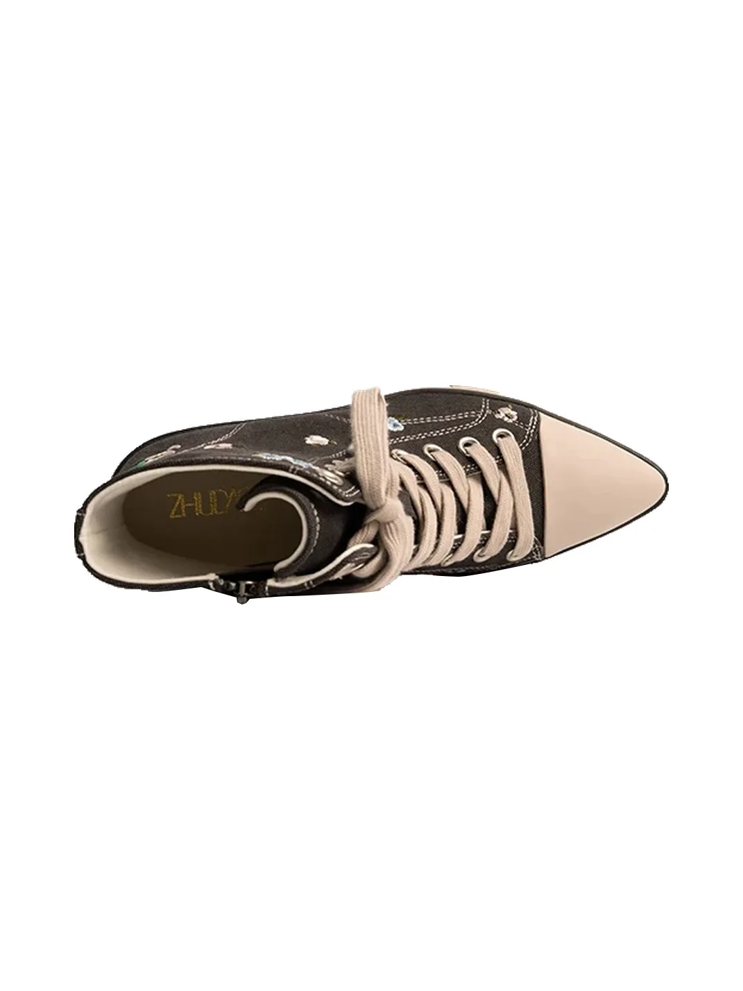 ZHUDAGE | Embroidered Pointed-Toe Wedge Canvas Ankle Boots