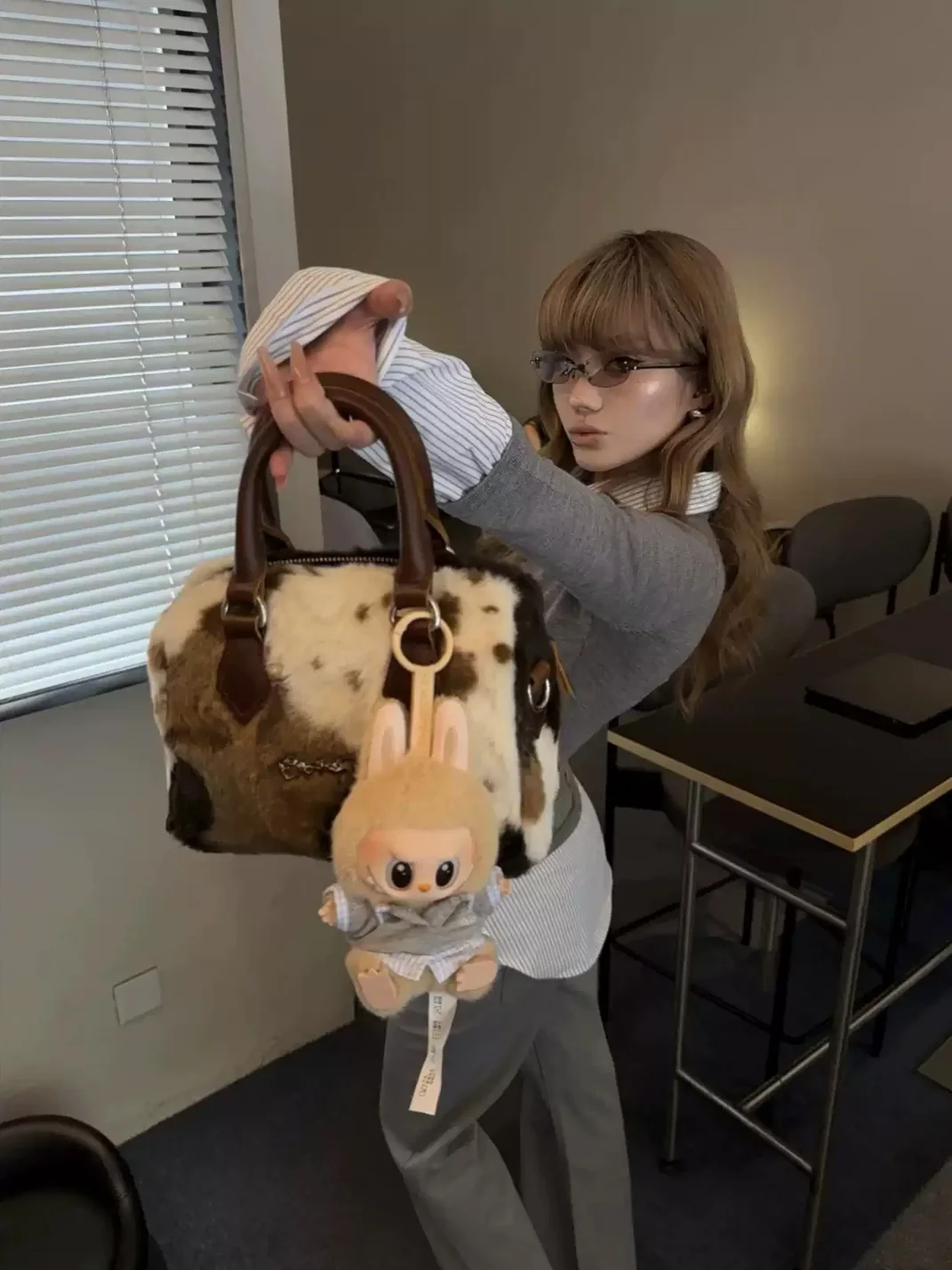 SevenJss | Cow Print Plush Bucket Crossbody Handbag