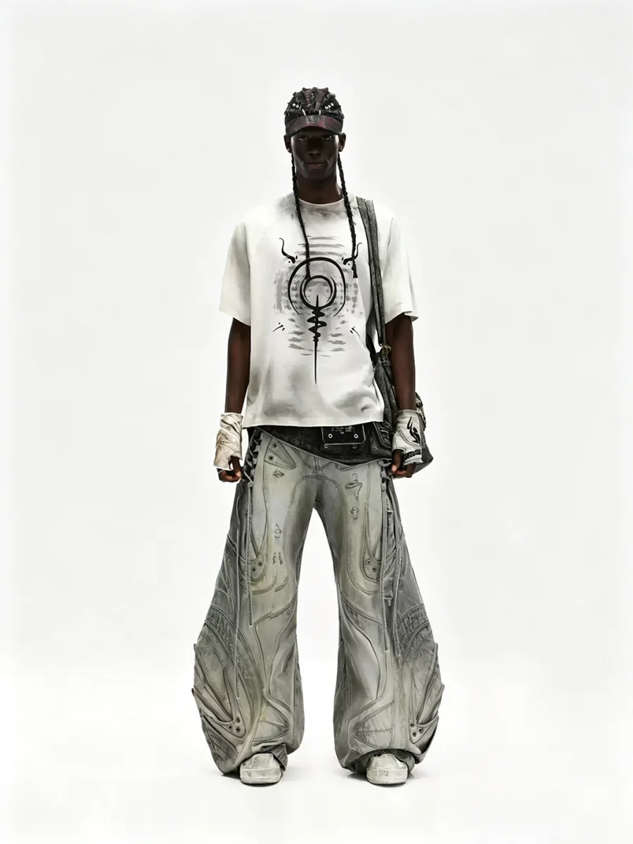 PERSONSOUL | Deconstructed Drawstring Flared Patchwork Jeans - 4