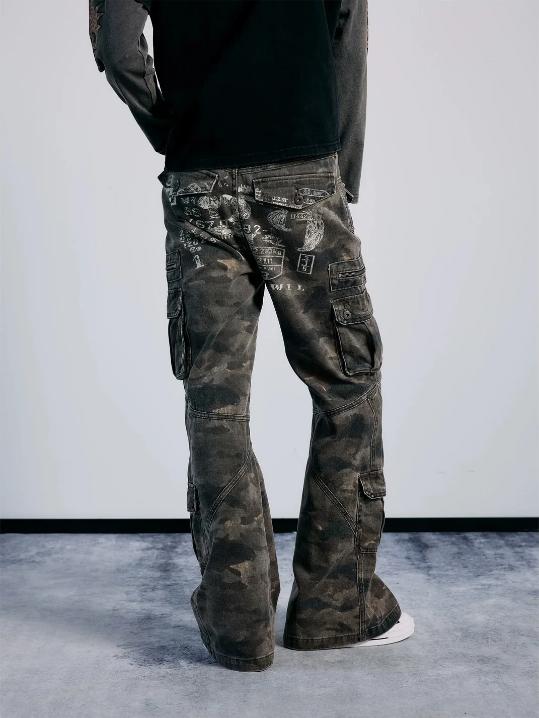 PAIKI | Washed Camouflage Multi-Panel Flared Cargo Pants