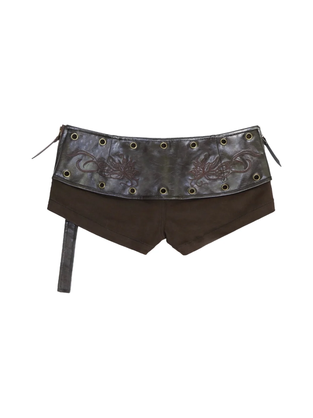 Flowers birds Market | Embroidered Faux Leather Patchwork Denim Shorts
