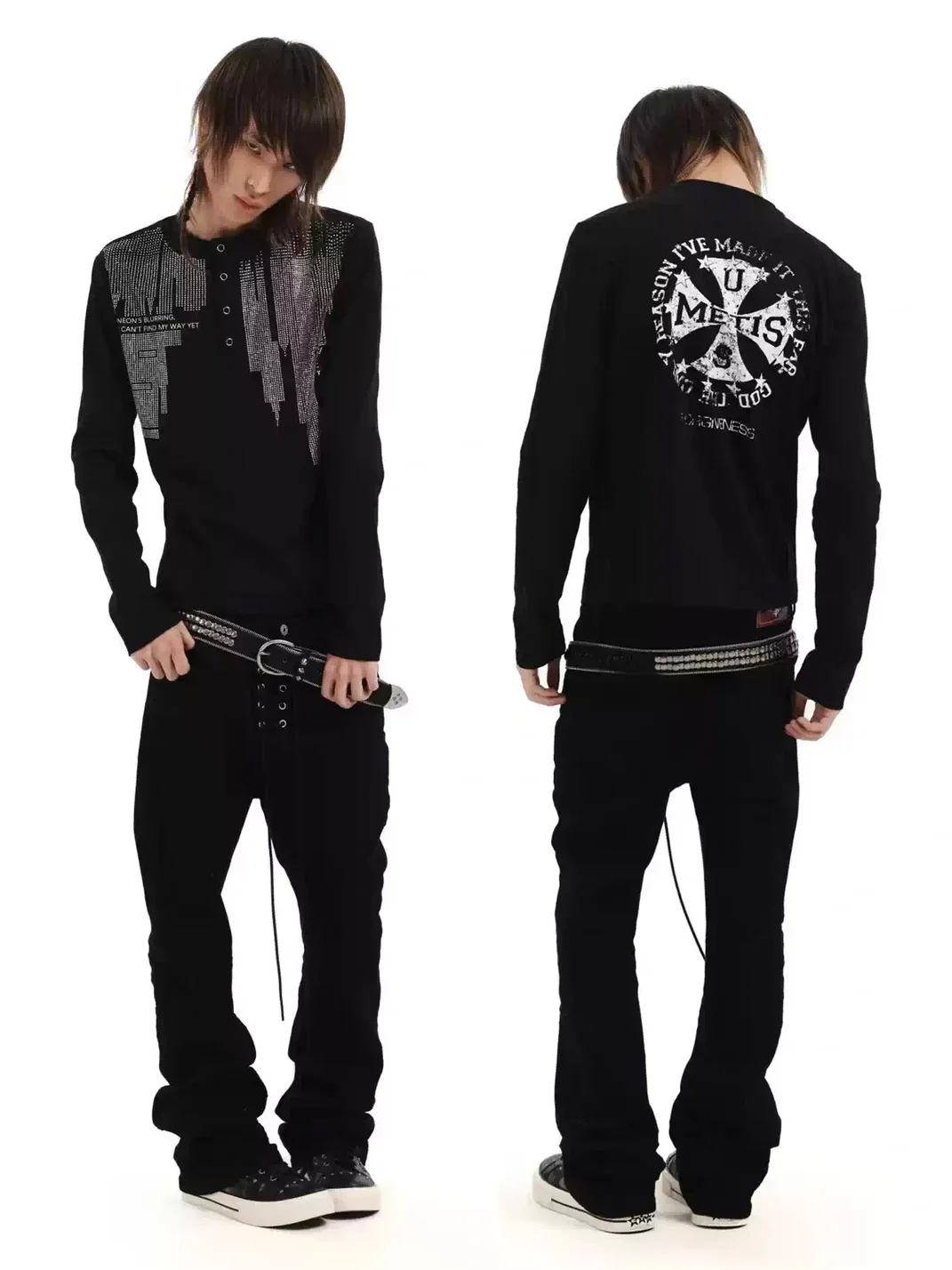 DETW | Rhinestone Graphic Long Sleeve Henley T-Shirt