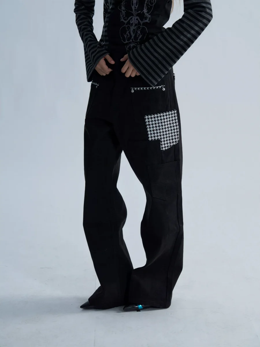 PAIKI | Houndstooth Panel Multi-Pocket Straight Jeans - 2