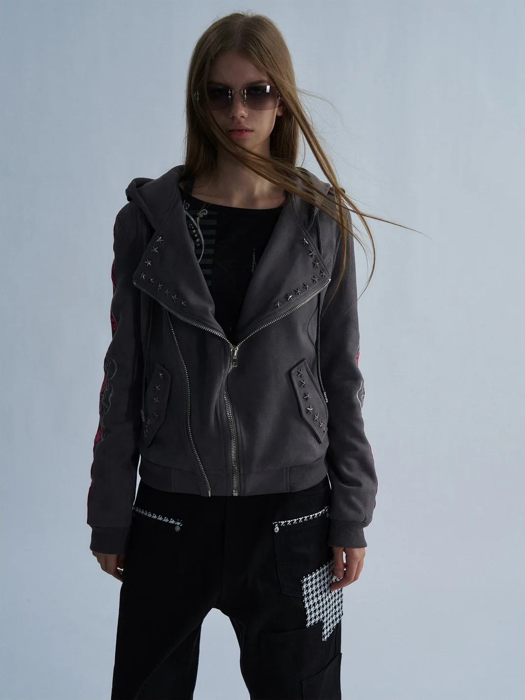 PAIKI | Studded Hooded Slim Fit Biker Jacket