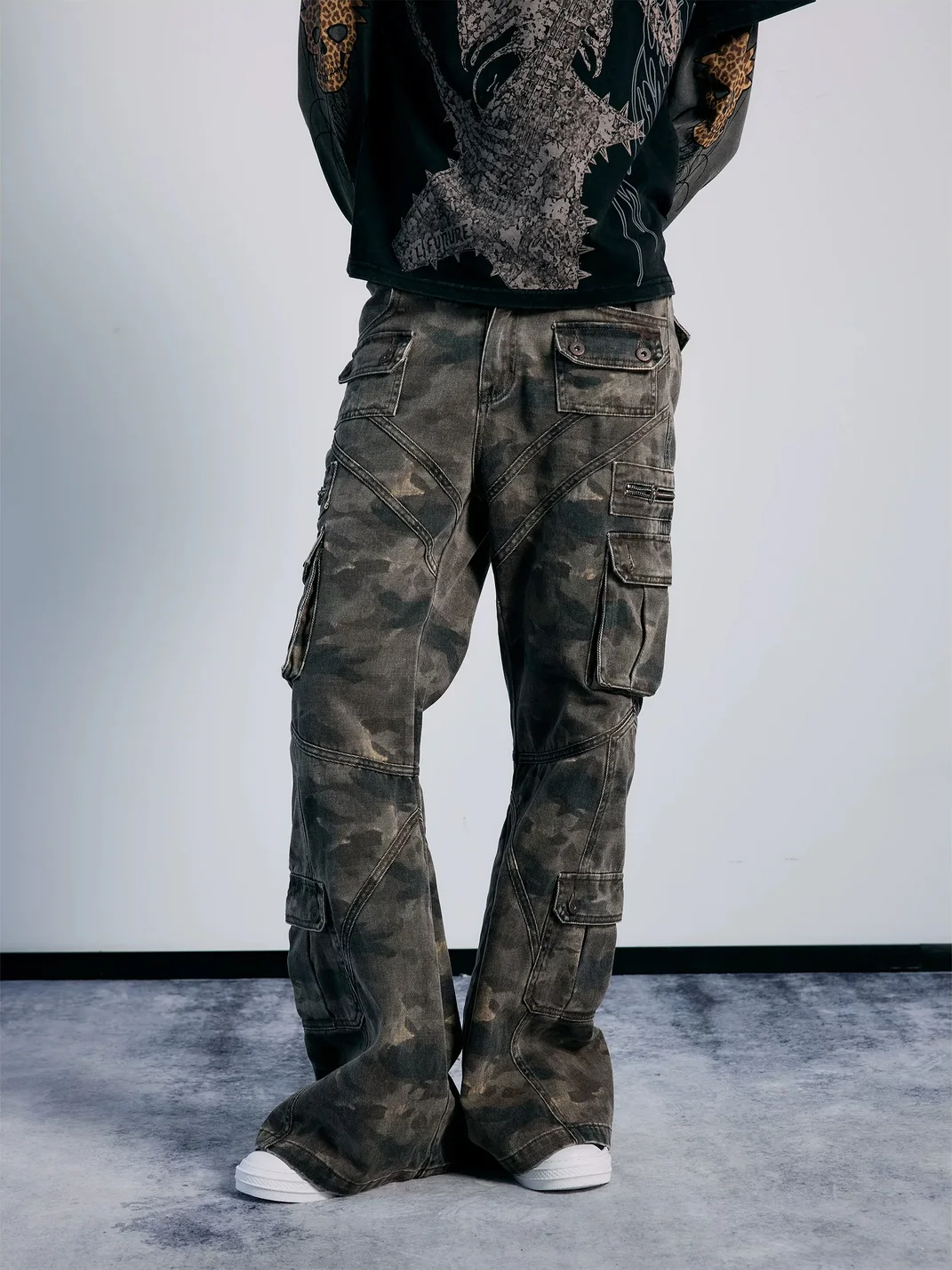 PAIKI | Washed Camouflage Multi-Panel Flared Cargo Pants