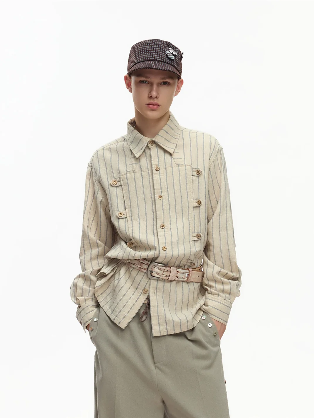 EMOBROTHER | Deconstructed Napoleon Stand Collar Striped Shirt