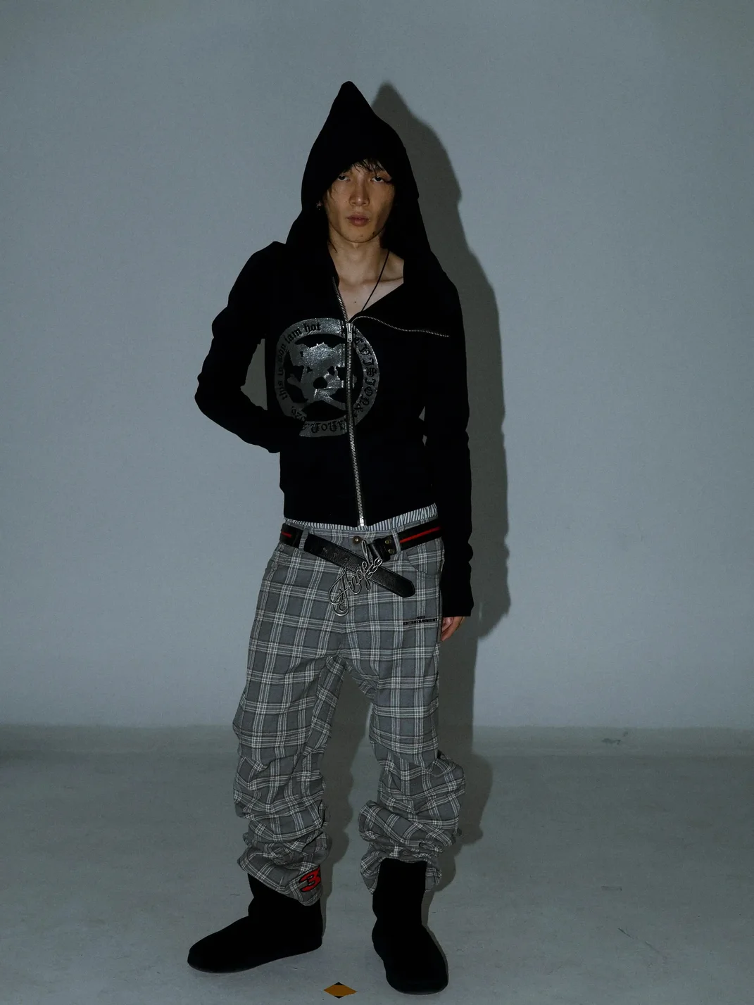 PCCVISION | Skull Print Asymmetric-Zip Hooded Sweatshirt