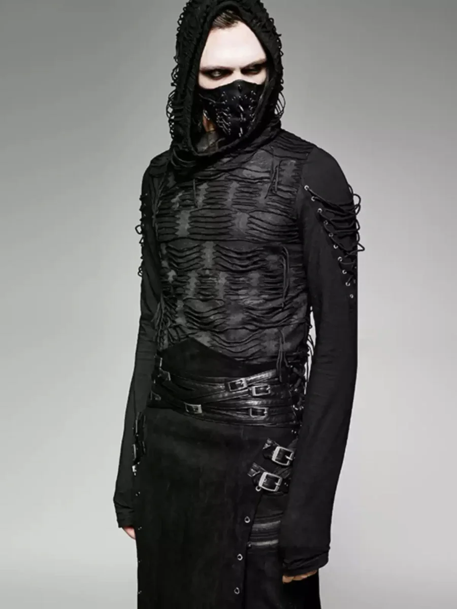 GTLLT | Gothic Distressed Hooded Long Sleeve T-Shirt - 2
