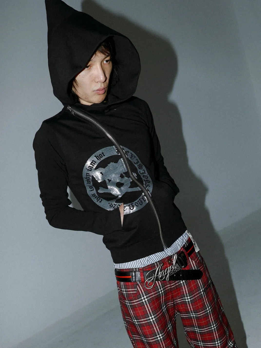 PCCVISION | Skull Print Asymmetric-Zip Hooded Sweatshirt