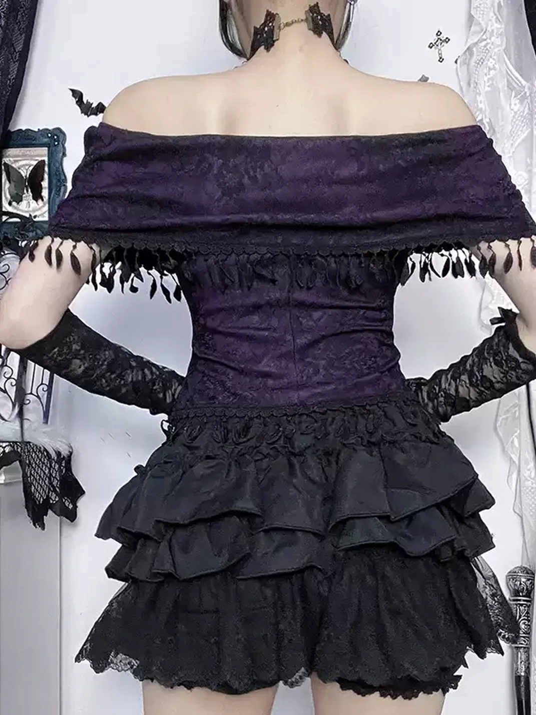 Wannathis | Gothic Off-Shoulder Top And Ruffled Mini Skirt