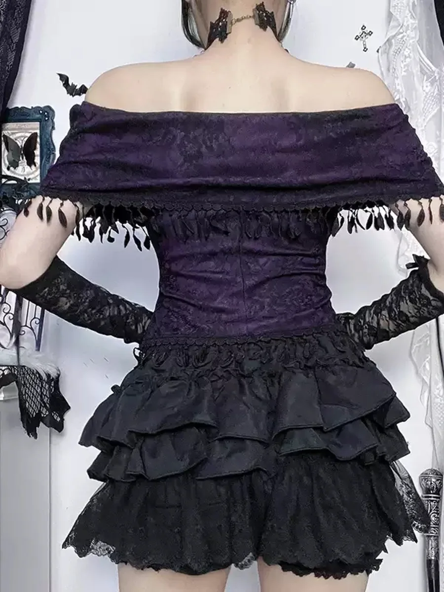 Wannathis | Gothic Off-Shoulder Top And Ruffled Mini Skirt - 4