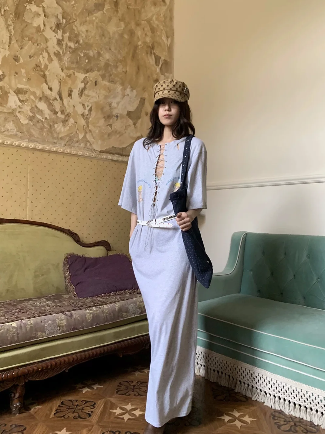 FOURFORTY | Loose Angel Print Lace-Up Maxi Dress