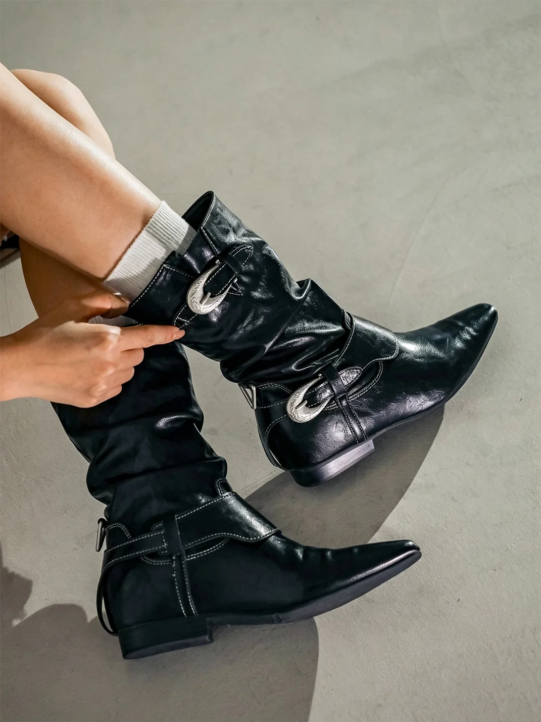 MIAOLV | Pointed Toe Slouchy Mid-Calf Riding Boots