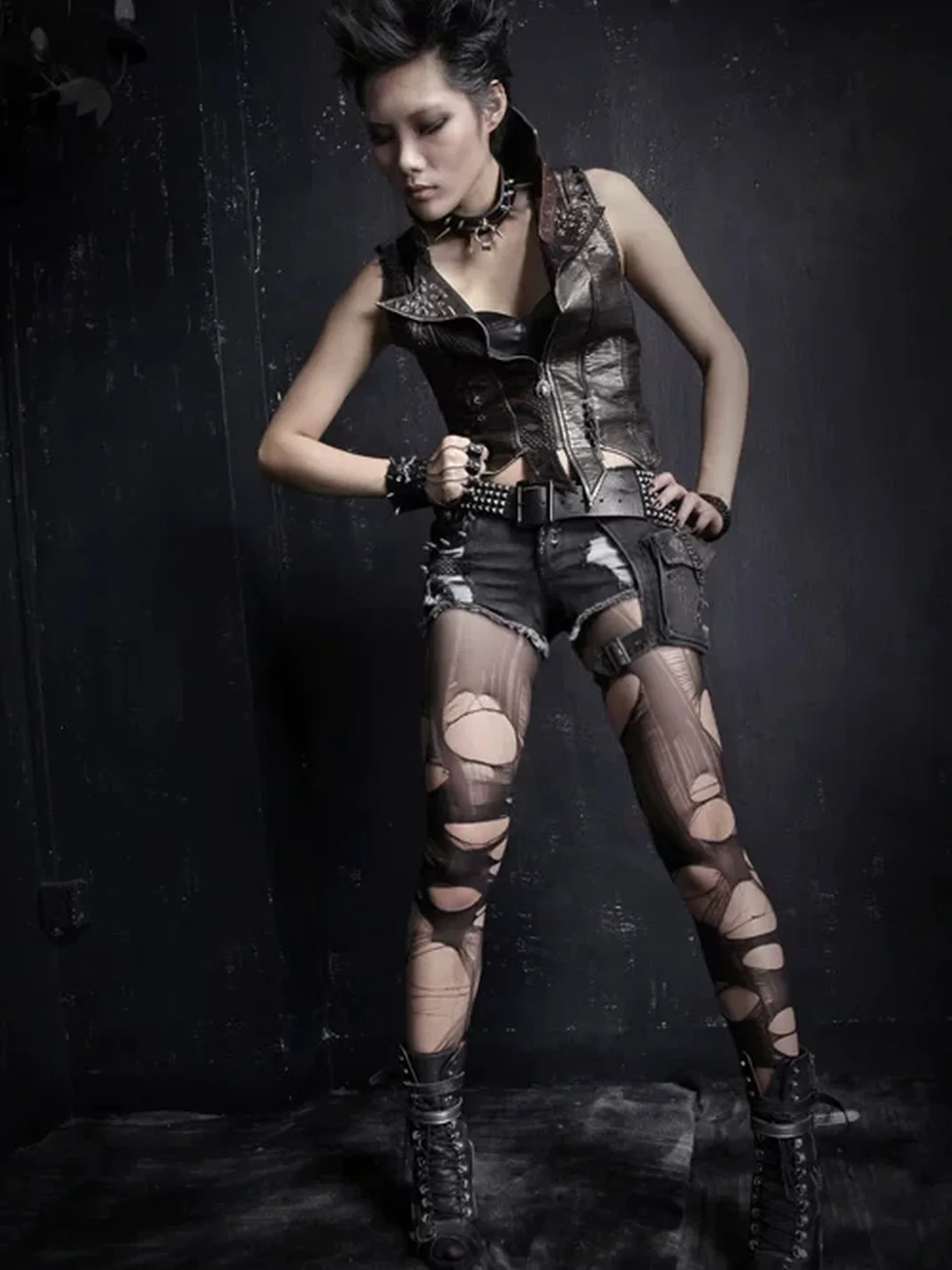 GTLLT | Punk Distressed Studded Denim Shorts