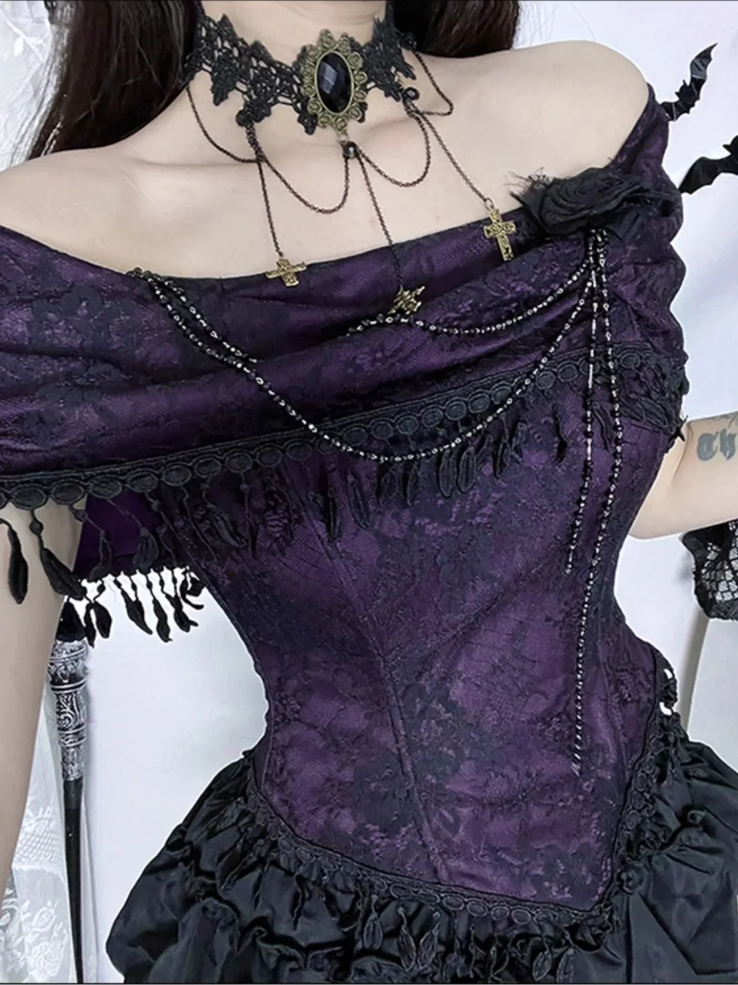 Wannathis | Gothic Off-Shoulder Top And Ruffled Mini Skirt