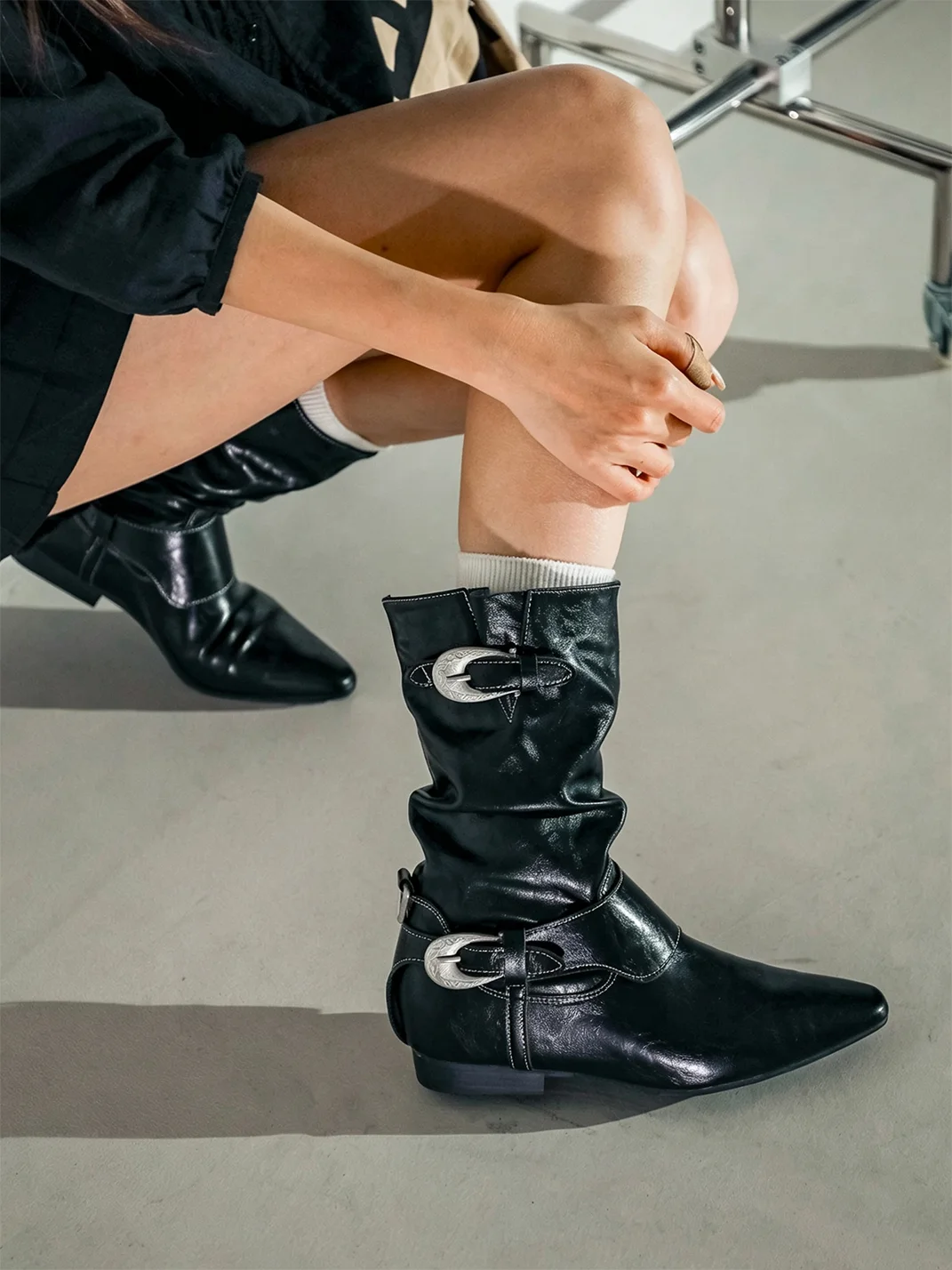 MIAOLV | Pointed Toe Slouchy Mid-Calf Riding Boots