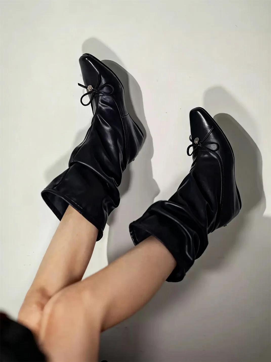 MIAOLV | Pointed Toe Bow Slouch Mid-Calf Boots