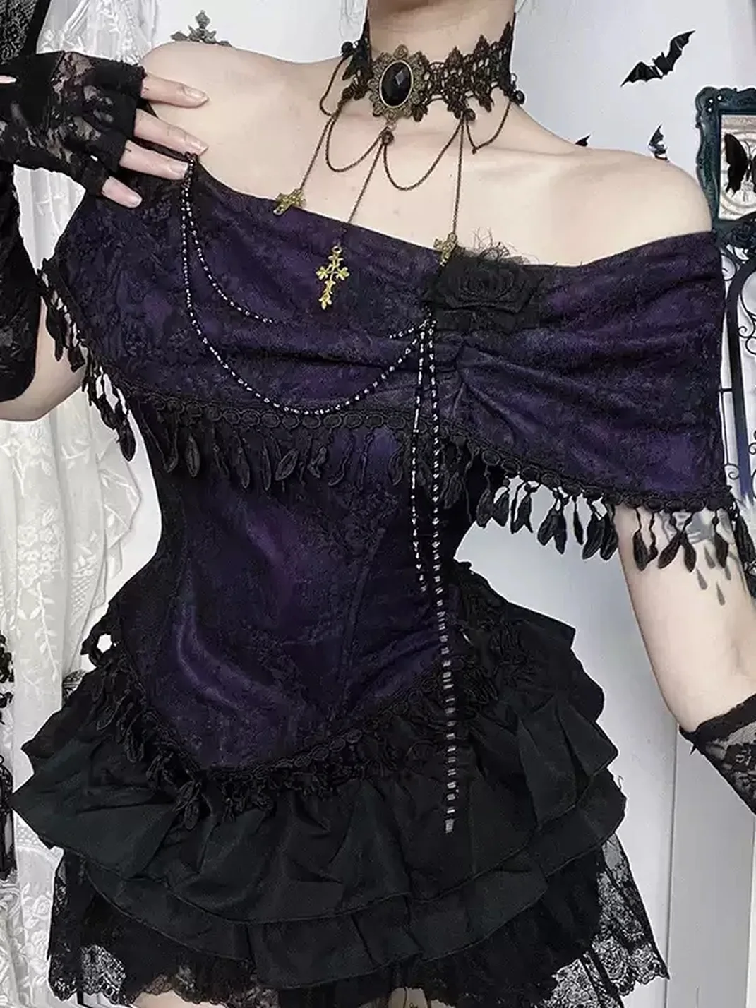 Wannathis | Gothic Off-Shoulder Top And Ruffled Mini Skirt