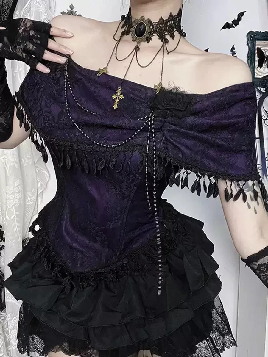 Wannathis | Gothic Off-Shoulder Top And Ruffled Mini Skirt - 2