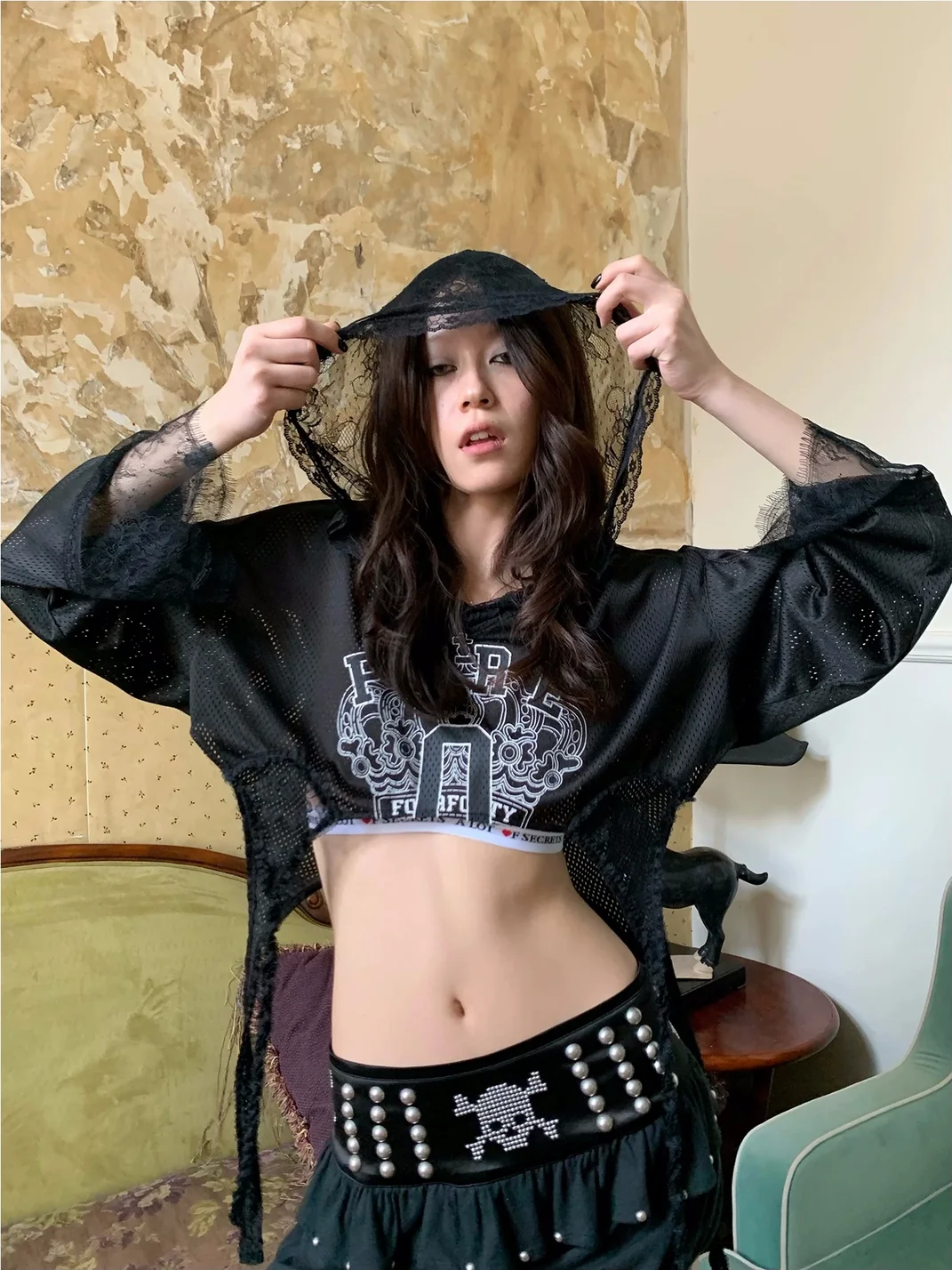 FOURFORTY | Lace Mesh Cropped Hooded Jersey